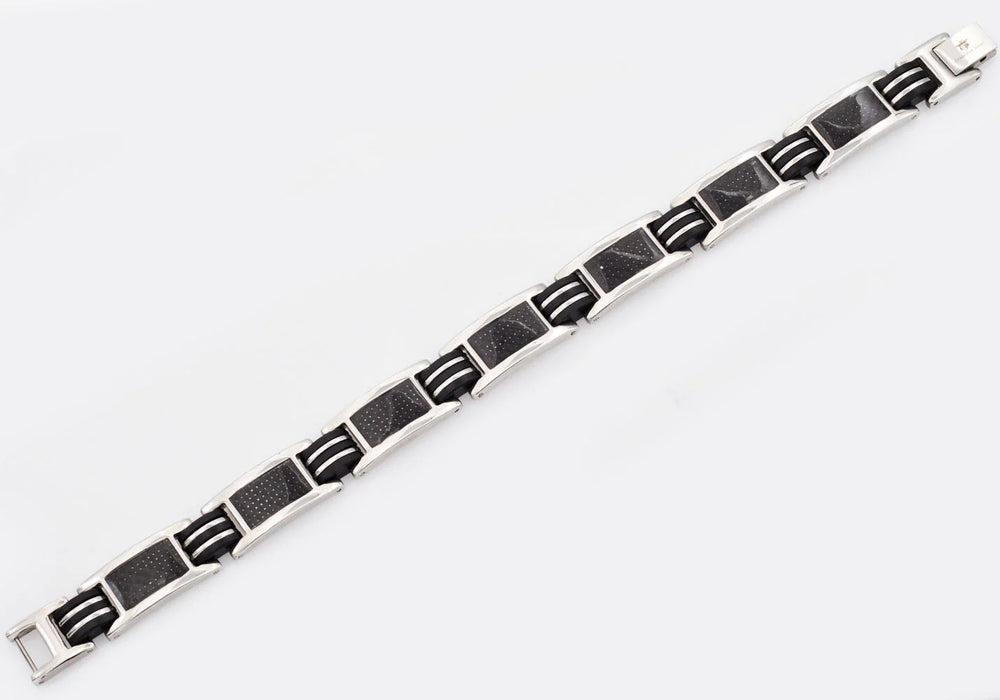 mens stainless steel bracelet carbon fiber and silicone details. 8.5 inches long .5 inches in width
