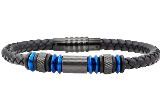 mens leather and blue stainless steel braceelet. 8.5 inches in length 0.3 inches in width. 