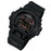MENS black gshock military style digital watch. Digital time telling display with day date functionality, and stopwatch features. Face will light when button near the 6 oclock is pressed. Shock absorbant rubber strap and casing. Red detailing.