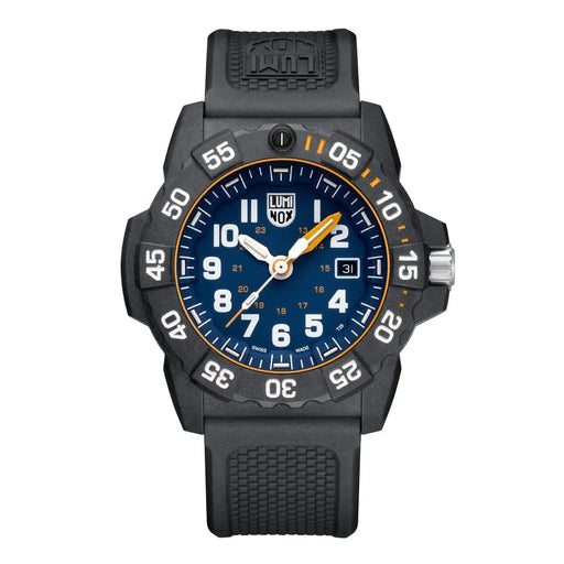 luminox mens navy seal foundation watch. 45mm in dial sizing and 24mm in width of the band. the face is blue with white arabic numbers and contrasting orange details. the casing and band of the watch are black. this model is water-resistant to 200m, luminescent markers and is equipped with a date wheel. 