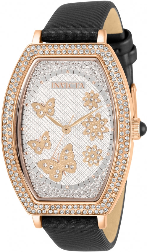 Ladies Quartz Wildflower Rose IP Case Black Satin Band. Rose gold pvd casing adorned with stones and beautiful artwork of wildflowers and butterflies. This watch is accompanied by a black satin strap with a rose gold buckle and rose gold hands.