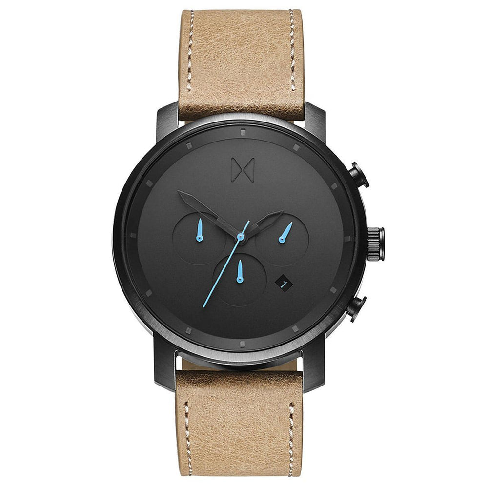 MVMT Chrono - Gunmetal Sandstone Men's classic style MVMT watch. This watch has a black casing, grey facial accents and a tan leather band to turn this classic style even more modern and able to paired with any look, sport, dress or casual. 