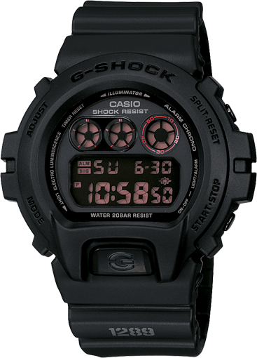 MENS black gshock military style digital watch. Digital time telling display with day date functionality, and stopwatch features. Face will light when button near the 6 oclock is pressed. Shock absorbant rubber strap and casing. Red detailing.  