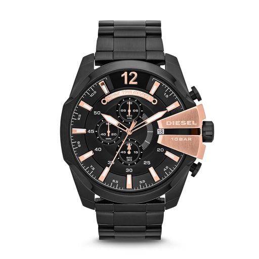 Diesel Mega Chief Black Dial Rose Accents Black Bracelet - Time After Time Watches
