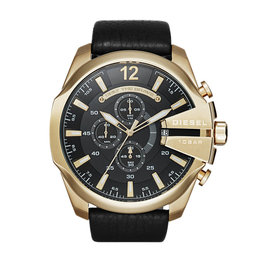 Diesel Mega Chief Black Dial Gold Indexes Gold Case Black Strap - Time After Time Watches