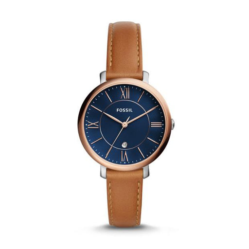 Stainless steel case with a brown leather strap. Fixed rose gold-tone bezel. Blue dial with rose gold-tone hands and index hour markers. Roman numerals mark the 3, 6, 9 and 12 o'clock positions. Minute markers around the outer rim. 