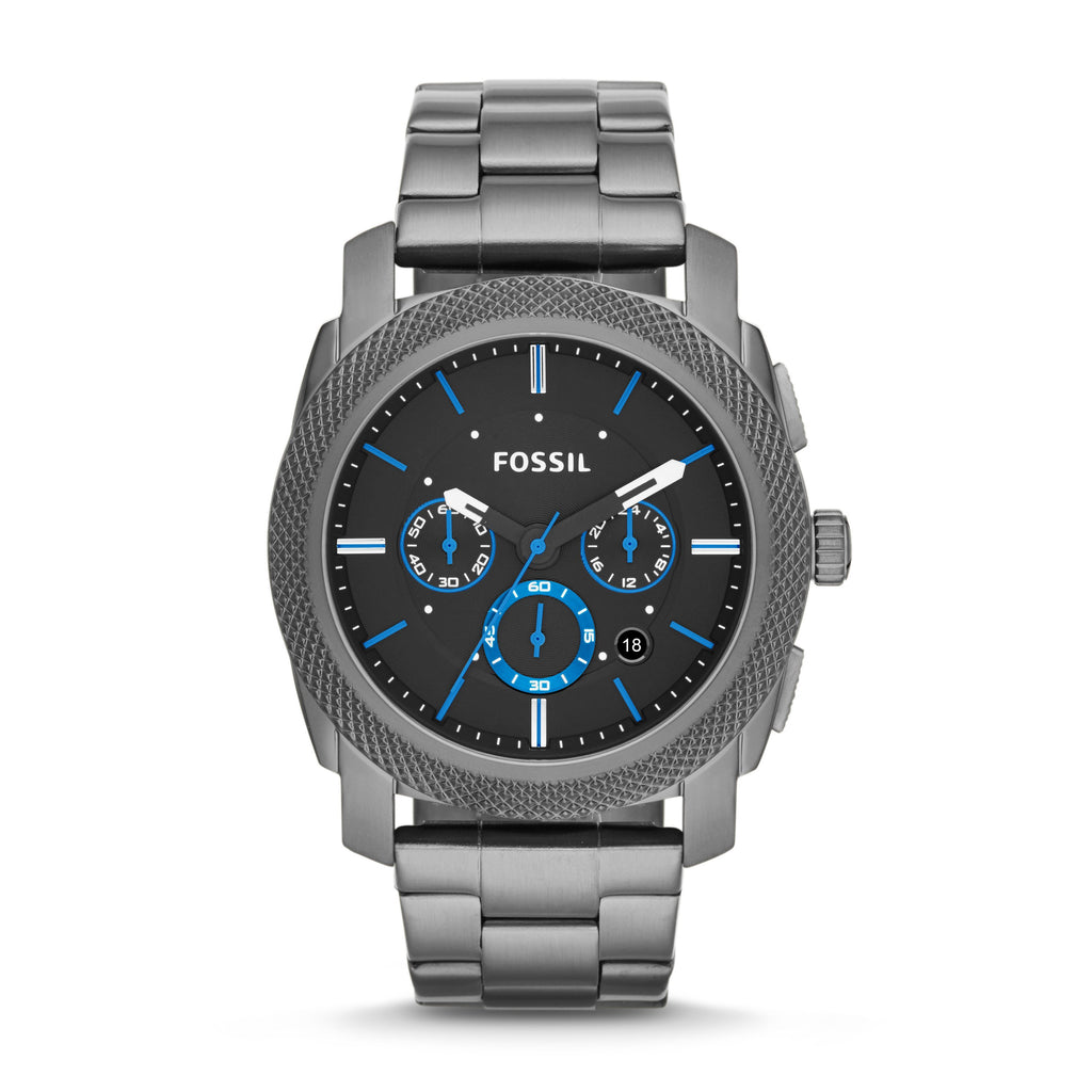 Fossil Machine Black Dial Blue Accents Gunmetal Bracelet FS4931 Time After Time