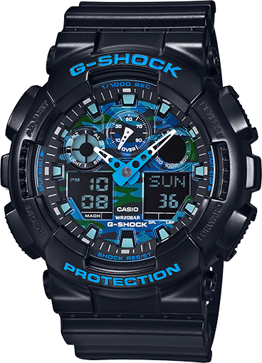 Mens gshock blue camo model shock resistant. day and date display, analog and digital time telling capabilities. Camouflage dial, blue metal markers and hands. matte balck rubber  