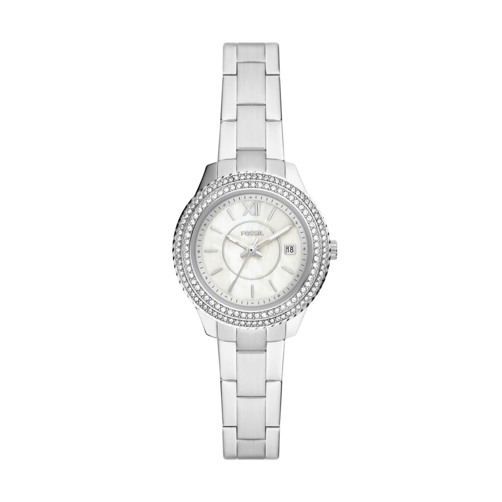 This Ladies Stainless Steel Fossil watch is fashioned with a mother of pearl dial. Combining modern style and classic sophistication. 5ATM Steel water resistance, 30 mm casing, 3 hand time display.