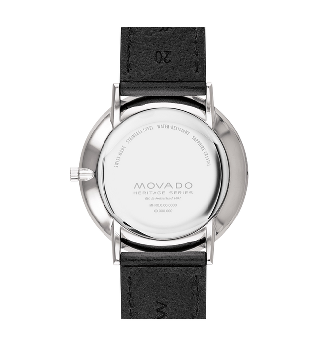 movado heritage series calendoplan silhouette, silver accents, chronograph, black 41mm dial and genuine leather strap