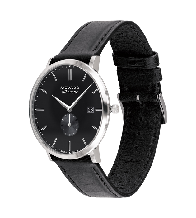 movado heritage series calendoplan silhouette, silver accents, chronograph, black 41mm dial and genuine leather strap