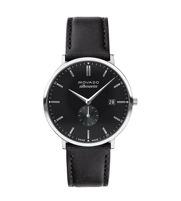 movado heritage series calendoplan silhouette, silver accents, chronograph, black 41mm dial and genuine leather strap