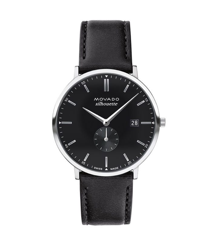 movado heritage series calendoplan silhouette, silver accents, chronograph, black 41mm dial and genuine leather strap