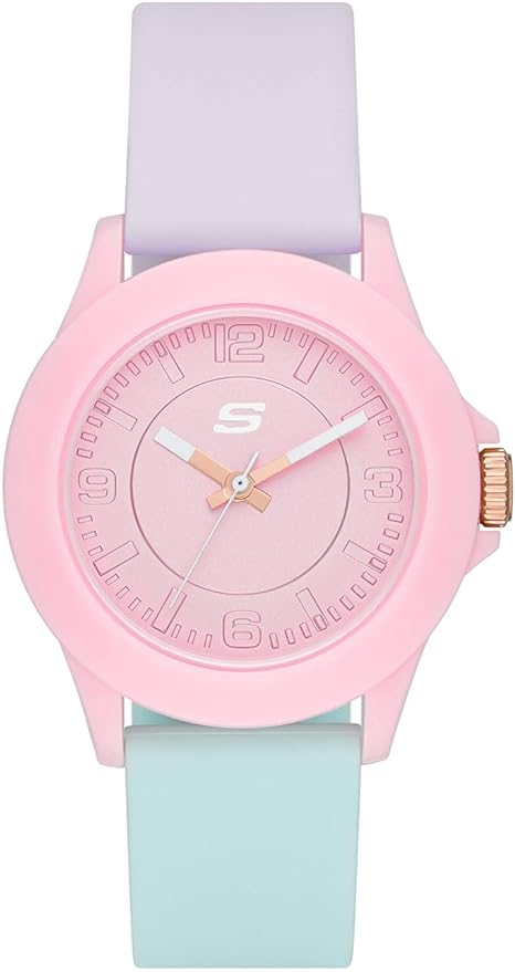 WOMENS POLYCARBONATE PINK CASE AND SILICONE PURPLE AND GREEN SILICONE BAND. 