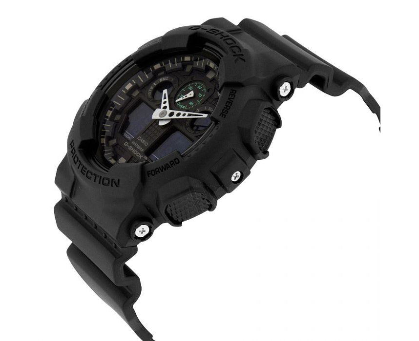Men's Gshock GA100MB-1A, Analog and digital time telling capability. Day/Date operations, stopwatch and alternate time zone display if needed. Green accents on dial with white markers that glow in the dark. Shock resistant model. 