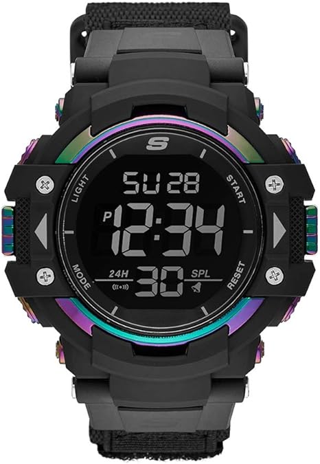 Skechers men's sportwatch oil slick detail, black polycarbonate, 55mm dial and 28mm strap. water resistant to 50 meters. 