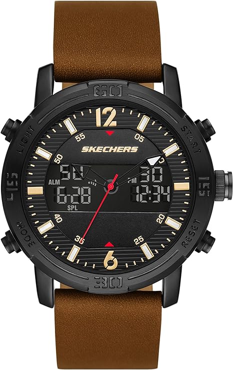 mens skechers brown leather strap black dial analog and digital sports watch.
