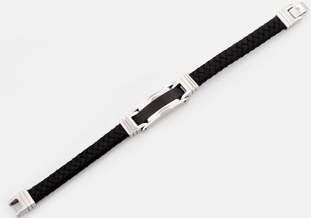mens black leather bracelet stainless steel. 8.5 inches in length, .6 inches in width. 
