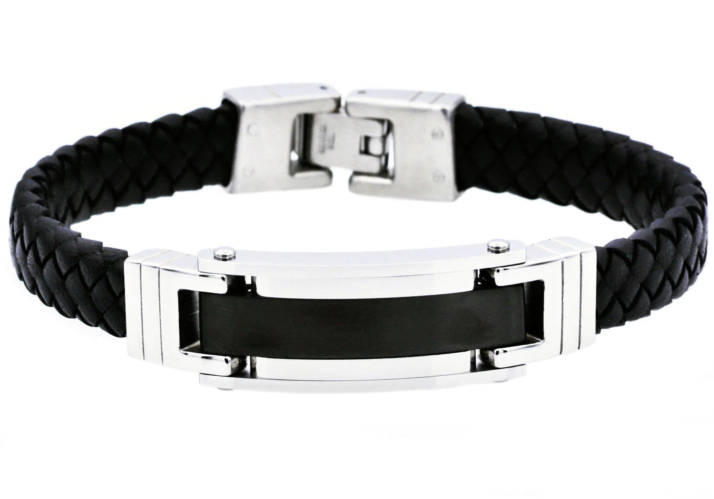 mens black leather bracelet stainless steel. 8.5 inches in length, .6 inches in width. 