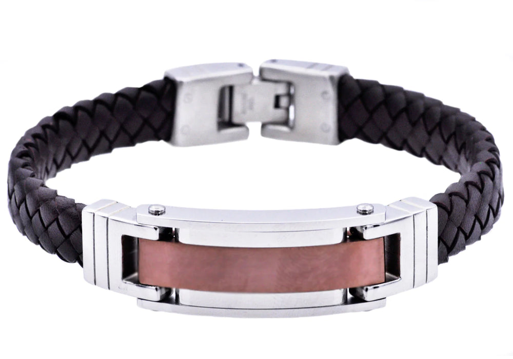 men's leather bracelet with stainless steel and bronze-colored accents. 8.5 inches in length, .6 inches in width. 