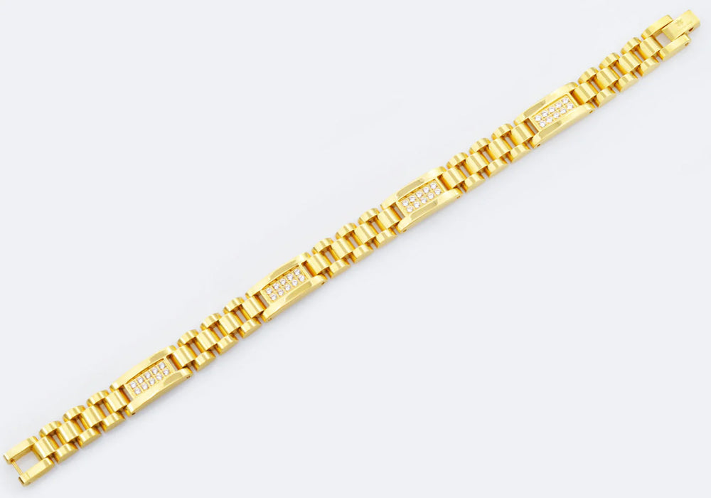 Gold Bracelet mens, 8.5 inches in length, .35 inches in width, cubic zirconia, gold toned stainless steel
