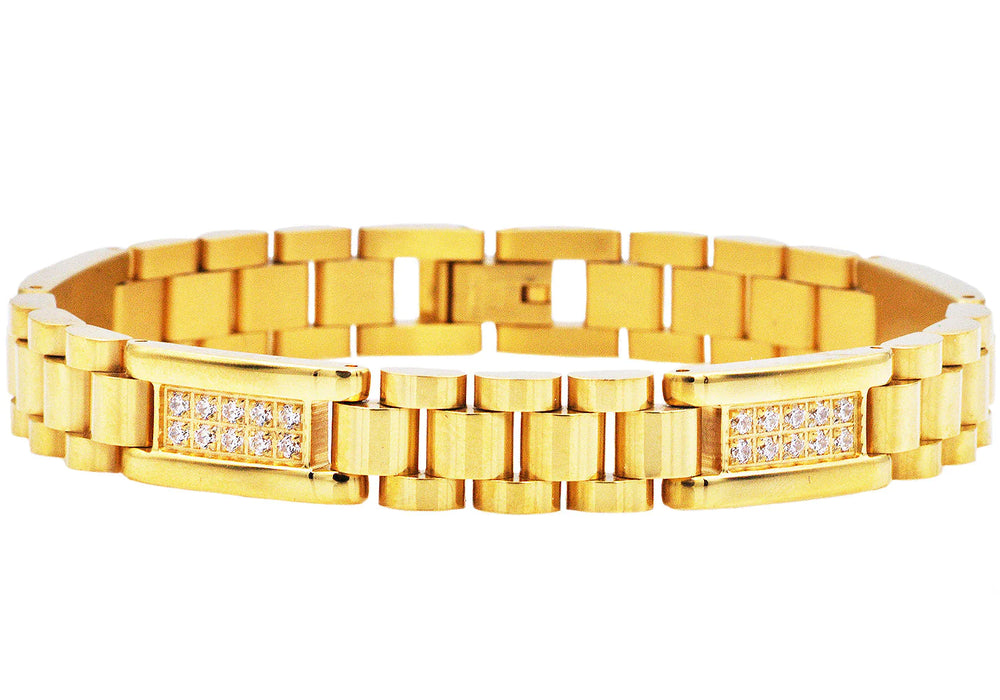 Gold Bracelet mens, 8.5 inches in length, .35 inches in width, cubic zirconia, gold toned stainless steel