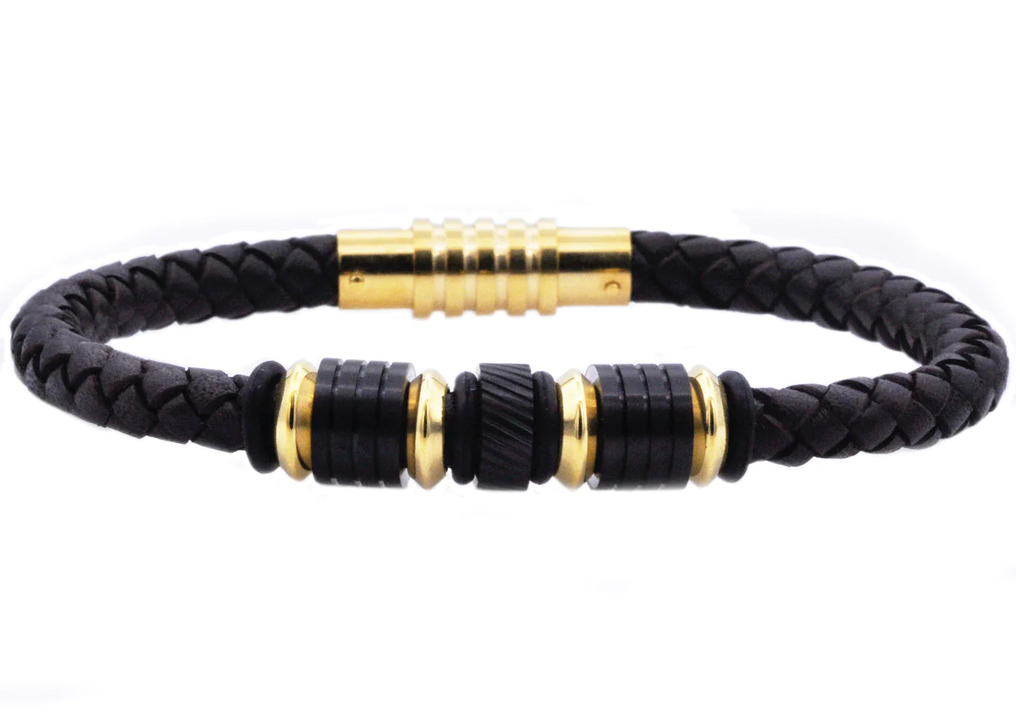 Men's Blackjack bracelet 18k gold plated and leather. 0/3 inches in width, 8.5 inches in length. 
