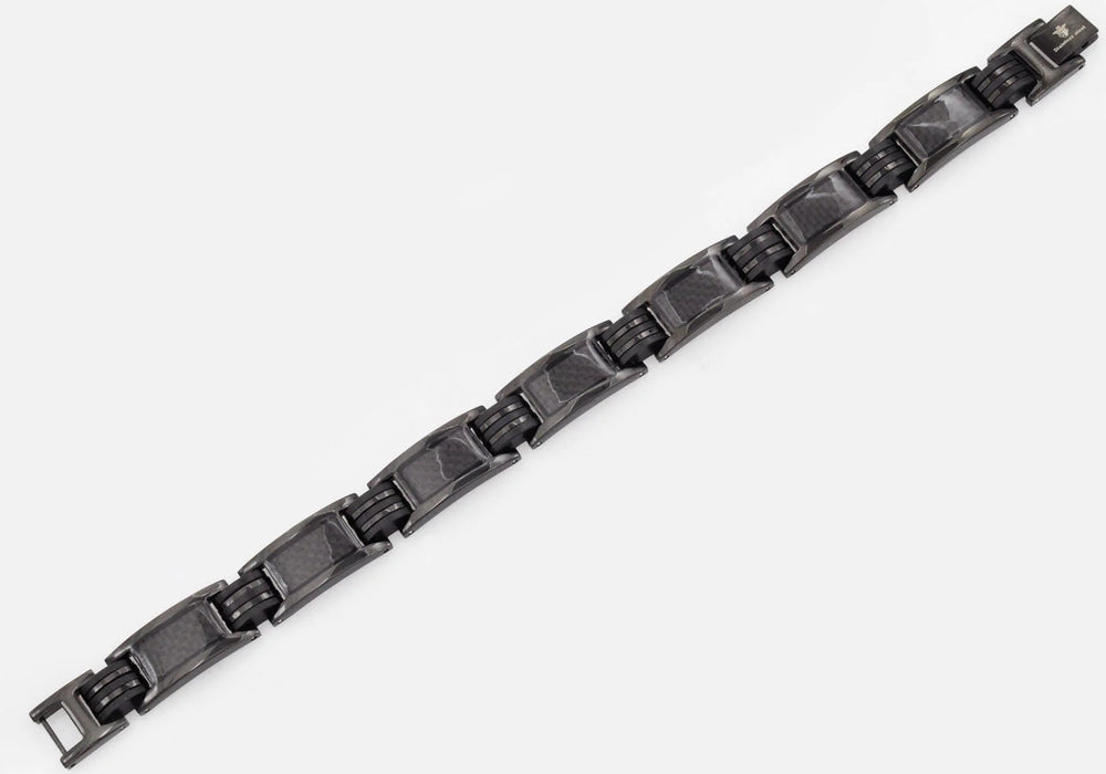mens black silicone and carbon fiber bracelet, black plated stainless steel. 8.5 inches in length and .5 inches in width 