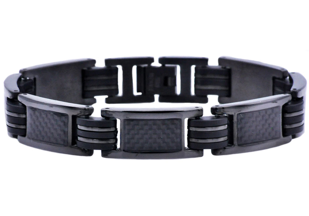 mens black silicone and carbon fiber bracelet, black plated stainless steel. 8.5 inches in length and .5 inches in width 