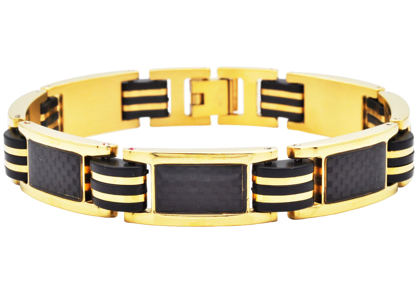 mens black silicone and carbon fiber bracelet, GOLD-TONED stainless steel. 8.5 inches in length and .5 inches in width 