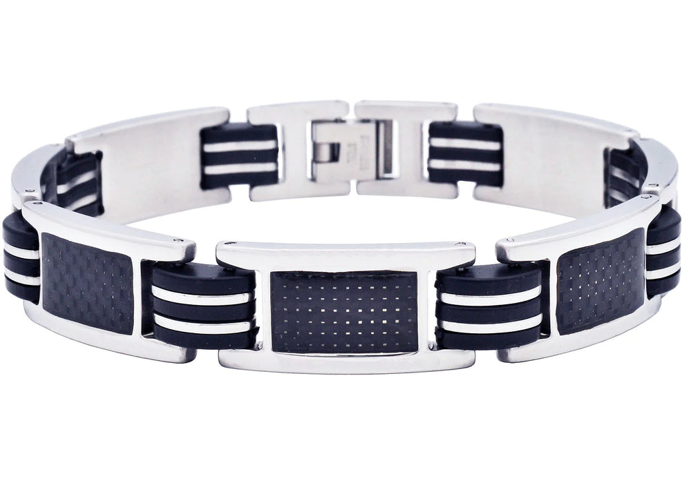 mens stainless steel bracelet carbon fiber and silicone details. 8.5 inches long .5 inches in width.