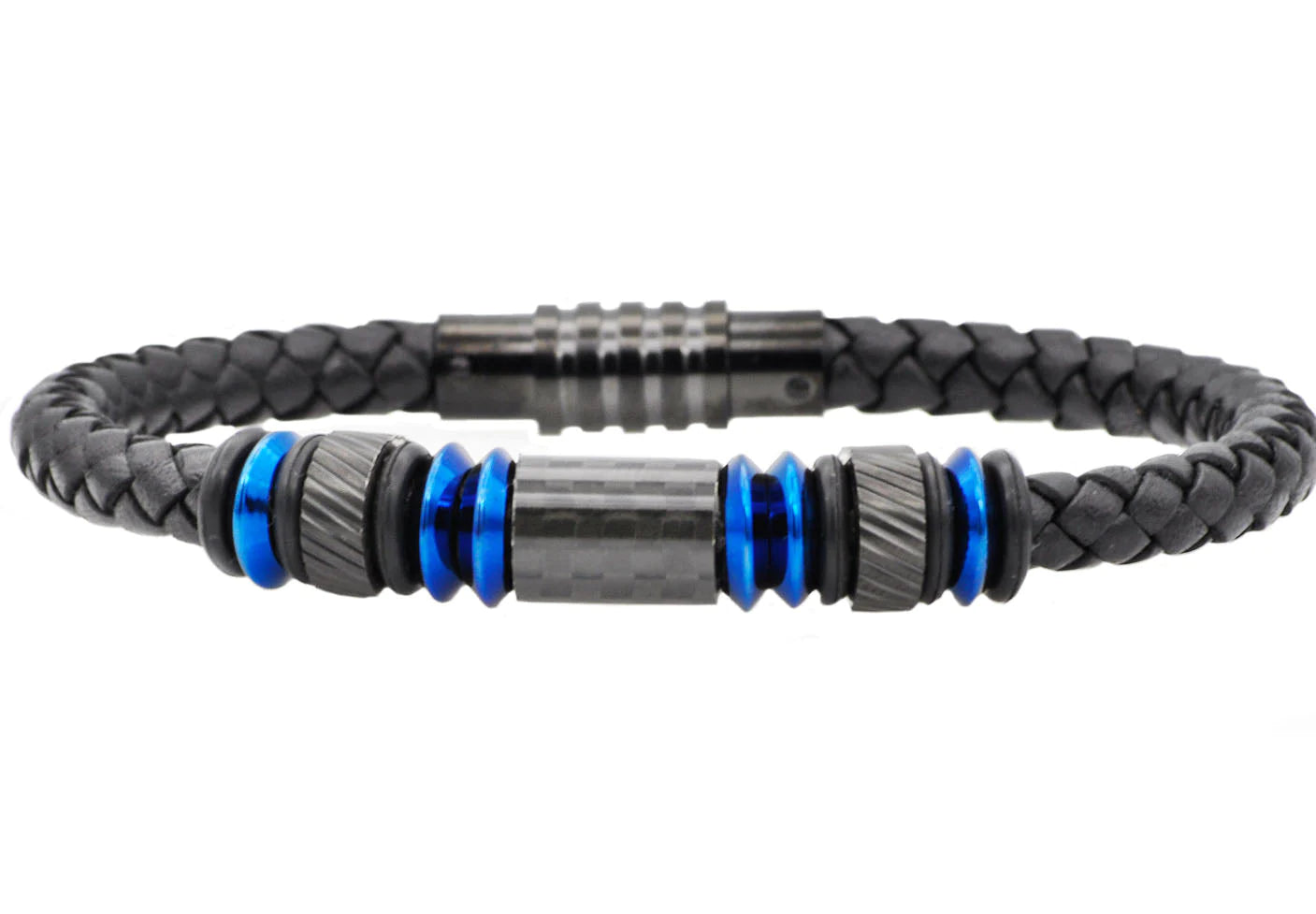 mens leather and blue stainless steel braceelet. 8.5 inches in length 0.3 inches in width. 