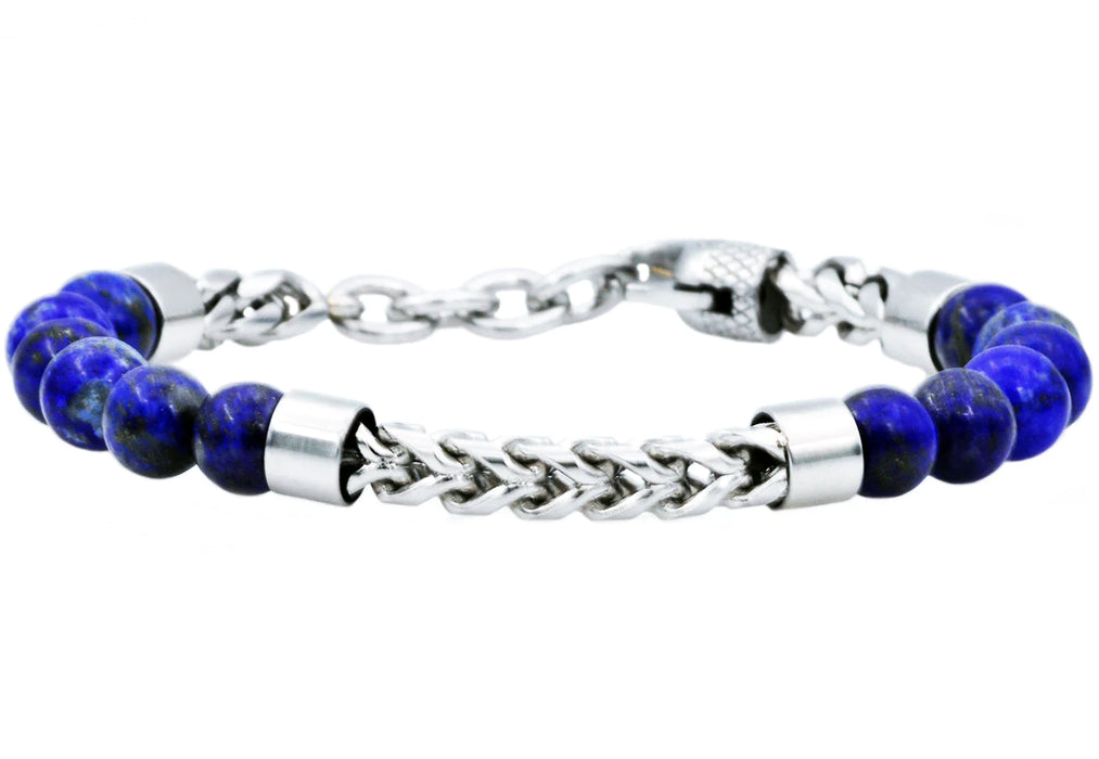 mens bracelet lapis lazuli and stainless steel, fully adjustable, 8.5 inches in length .3 inches in width