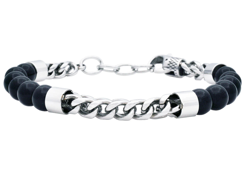 mens bracelet genuine onyx and stainless steel, fully adjustable, 8.5 inches in length .3 inches in width