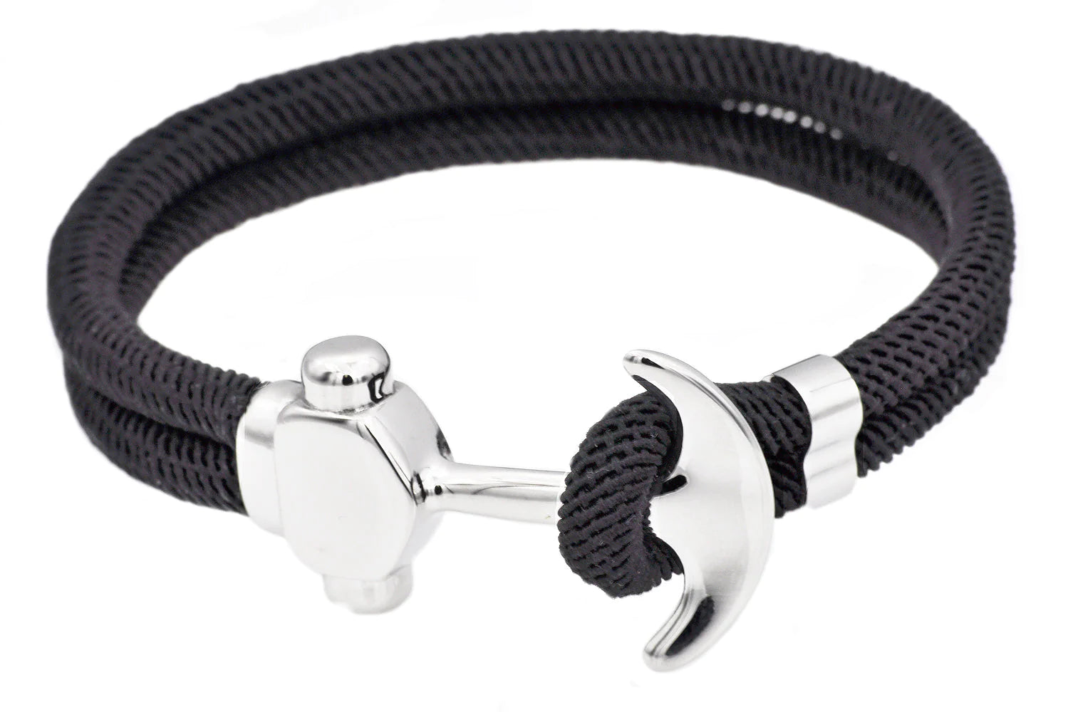 mens corded cotton rope bracelet, stainless steel anchor.