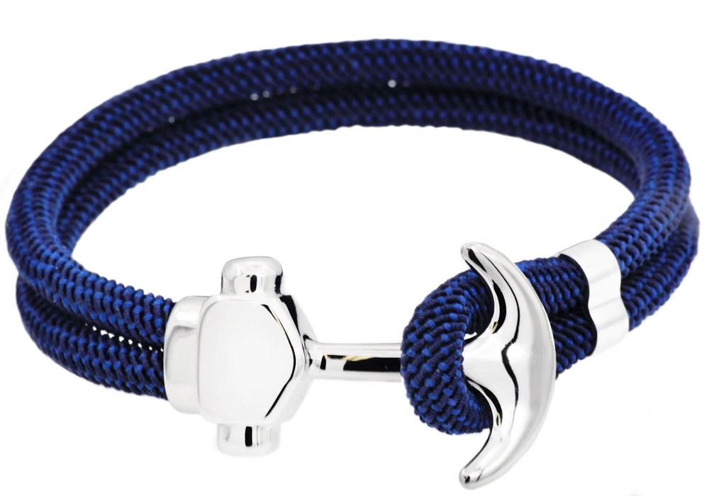 mens corded navy cotton rope bracelet, stainless steel anchor.