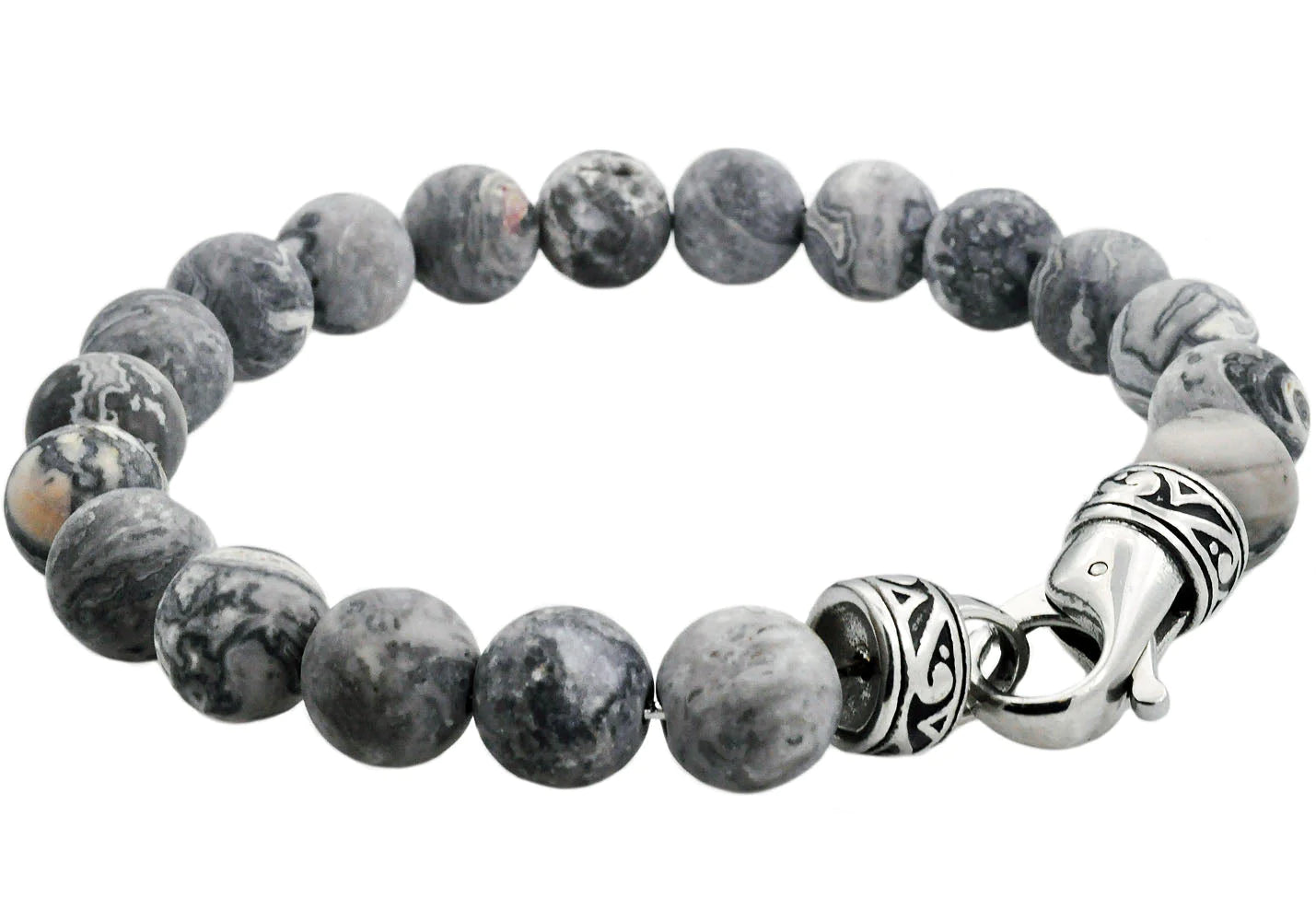 mens beaded blackjack bracelet genuine jasper and stainless steel, 8.5 inches in length 10mm in width. 