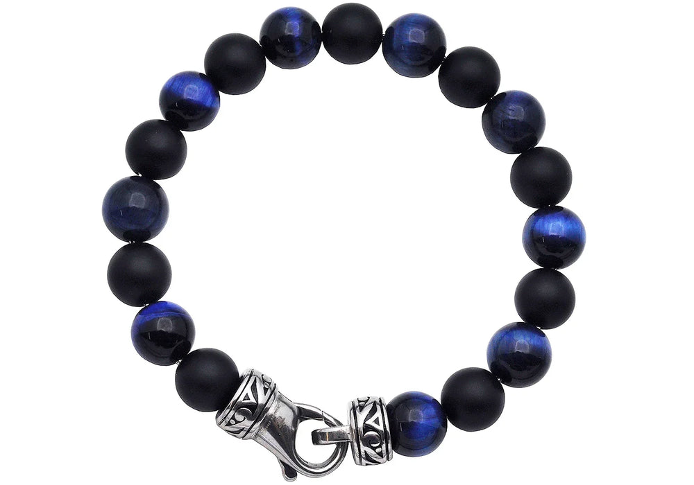 10mm Genuine Blue Tiger Eye and Onyx Bracelet