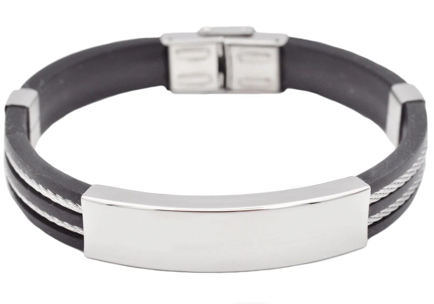 black silicone and stainless steel men's blackjack jewelry bracelet. 8.5 inches in length and 10 mm in width. 
