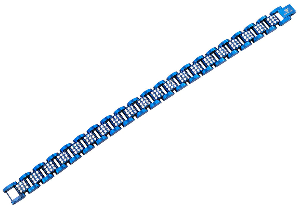 mens blackjack bracelet blue stainless steel and clear cubic zirconia. 8.5 inches in length, 12mm in width.
