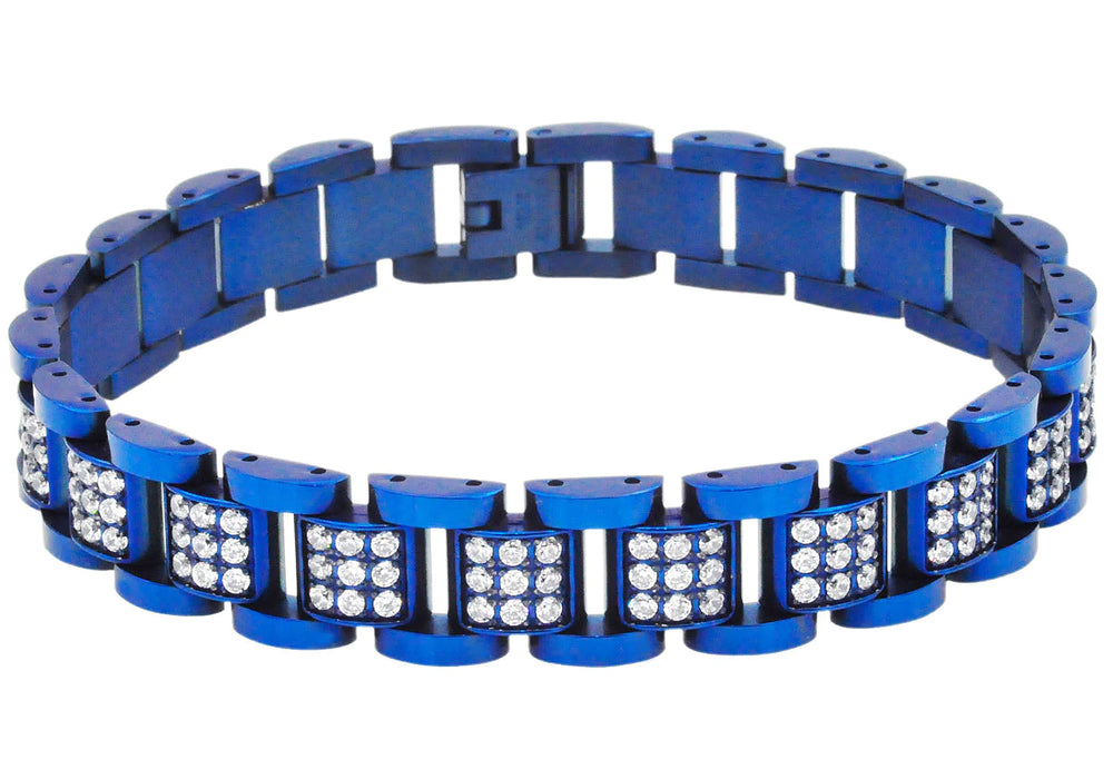 mens blackjack bracelet blue stainless steel and clear cubic zirconia. 8.5 inches in length, 12mm in width.