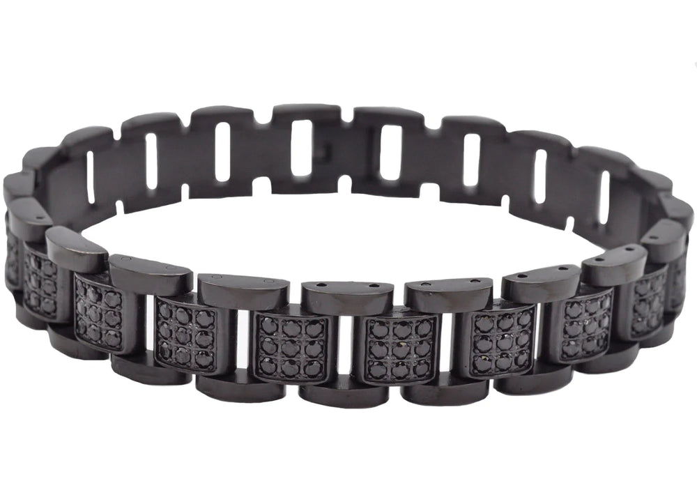 mens blackjack bracelet black stainless steel and black cubic zirconia. 8.5 inches in length, 12mm in width. 