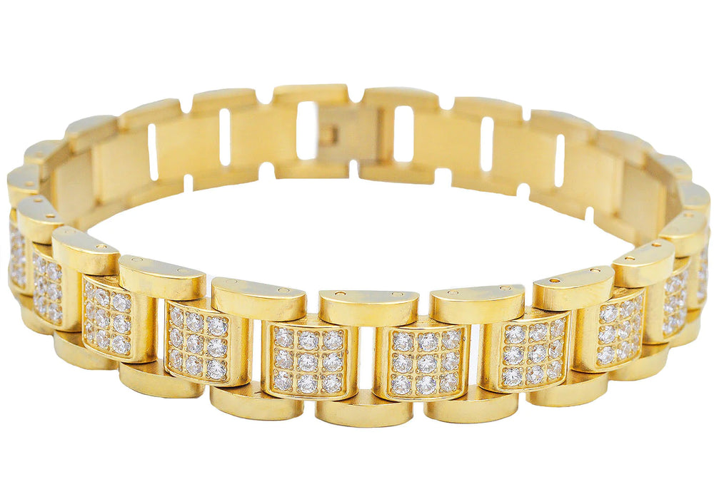 mens blackjack bracelet gold stainless steel and gold cubic zirconia. 8.5 inches in length, 12mm in width. 