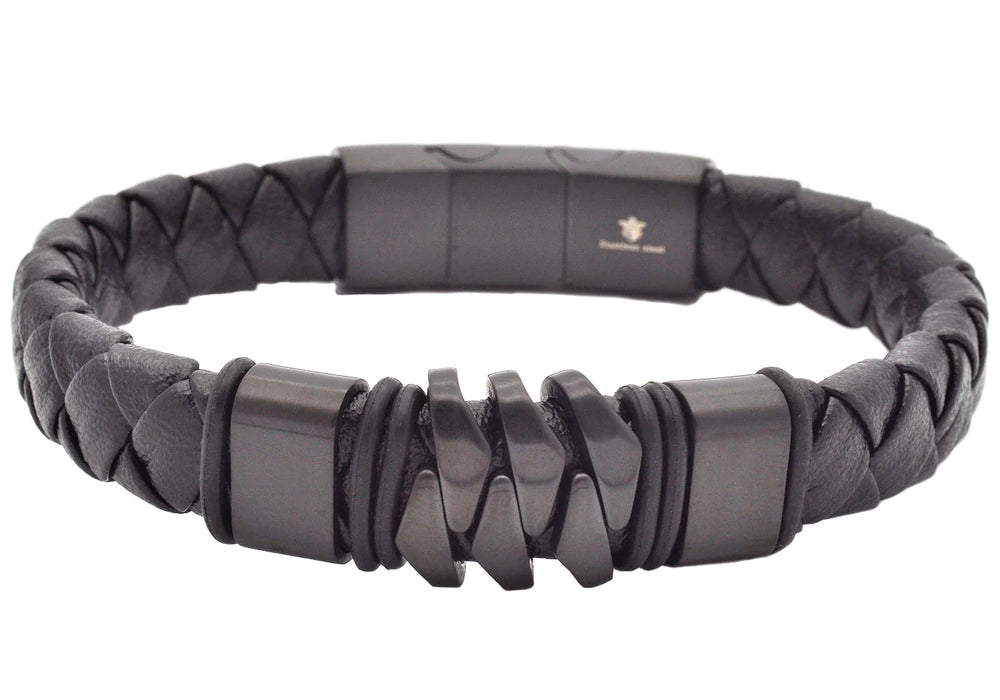 mens blackjack black colored stainless steel and genuine leather bracelet, width of .75 inches and a length of 8.5 inches. 