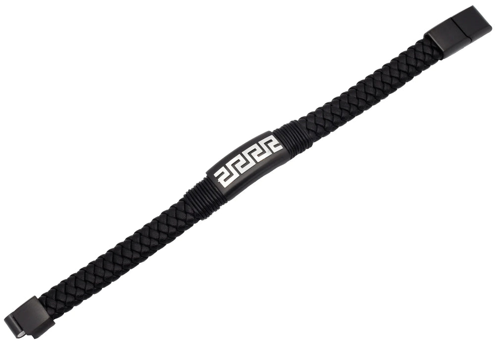 Blackjack Jewelry Blackjack Men's Bracelet Greek Key Black Leather & SS BJB274B - Time After Time Watches