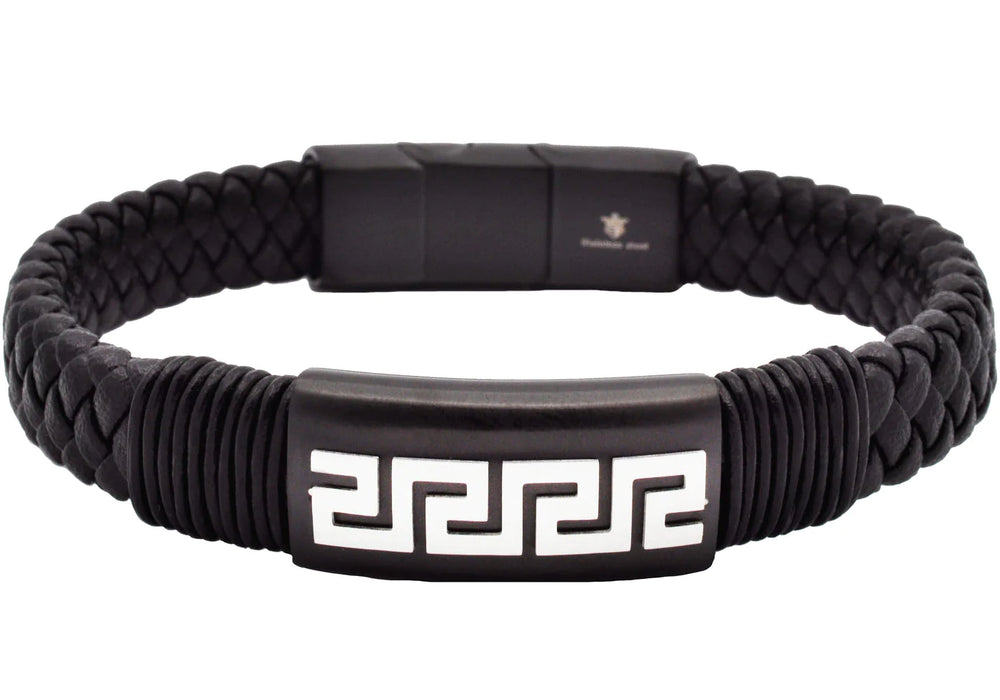 Blackjack Jewelry Blackjack Men's Bracelet Greek Key Black Leather & SS BJB274B - Time After Time Watches
