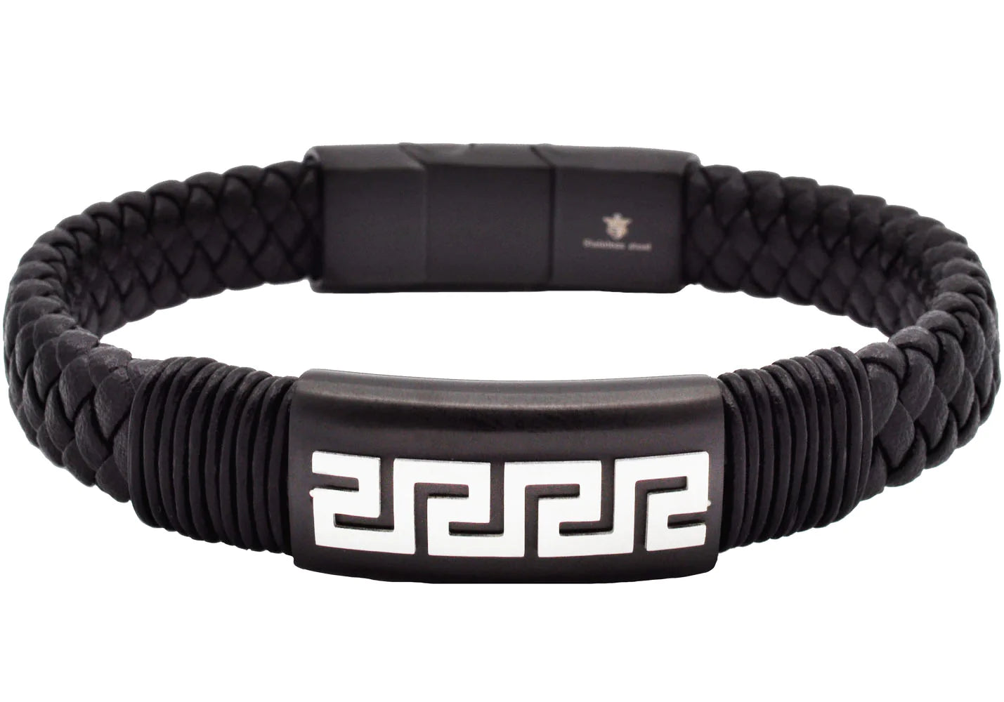 mens blackjack black leather bracelet, black-colored stainless steel greek key design on plaque. measures at 8.5 inches in length, .5 inches in width. 