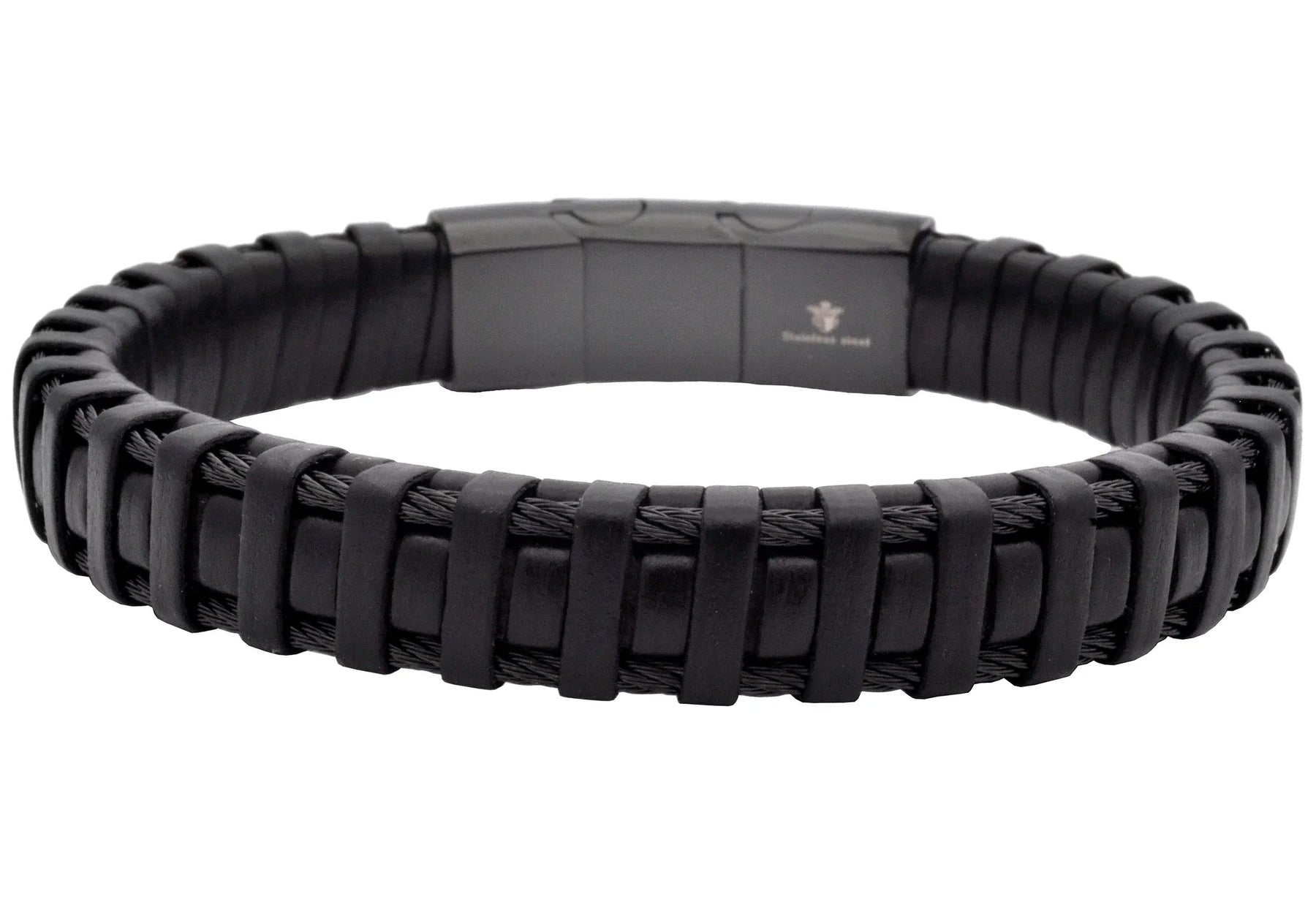 Braided Black Leather Stainless Steel Cable Bracelet