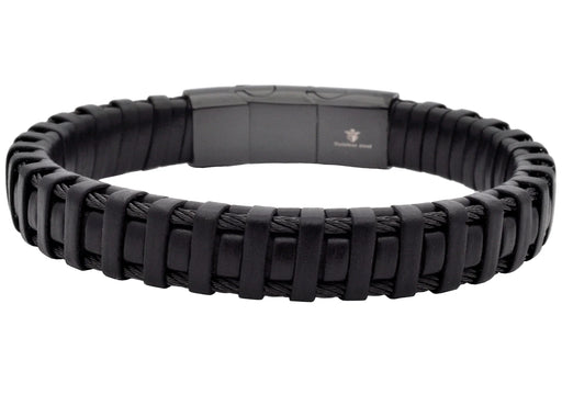 Blackjack Jewelry Braided Black Leather Stainless Steel Cable Bracelet - Time After Time Watches