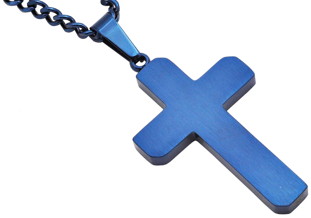 Blue Stainless Steel Cross Pendant Polished and Brushed Finish